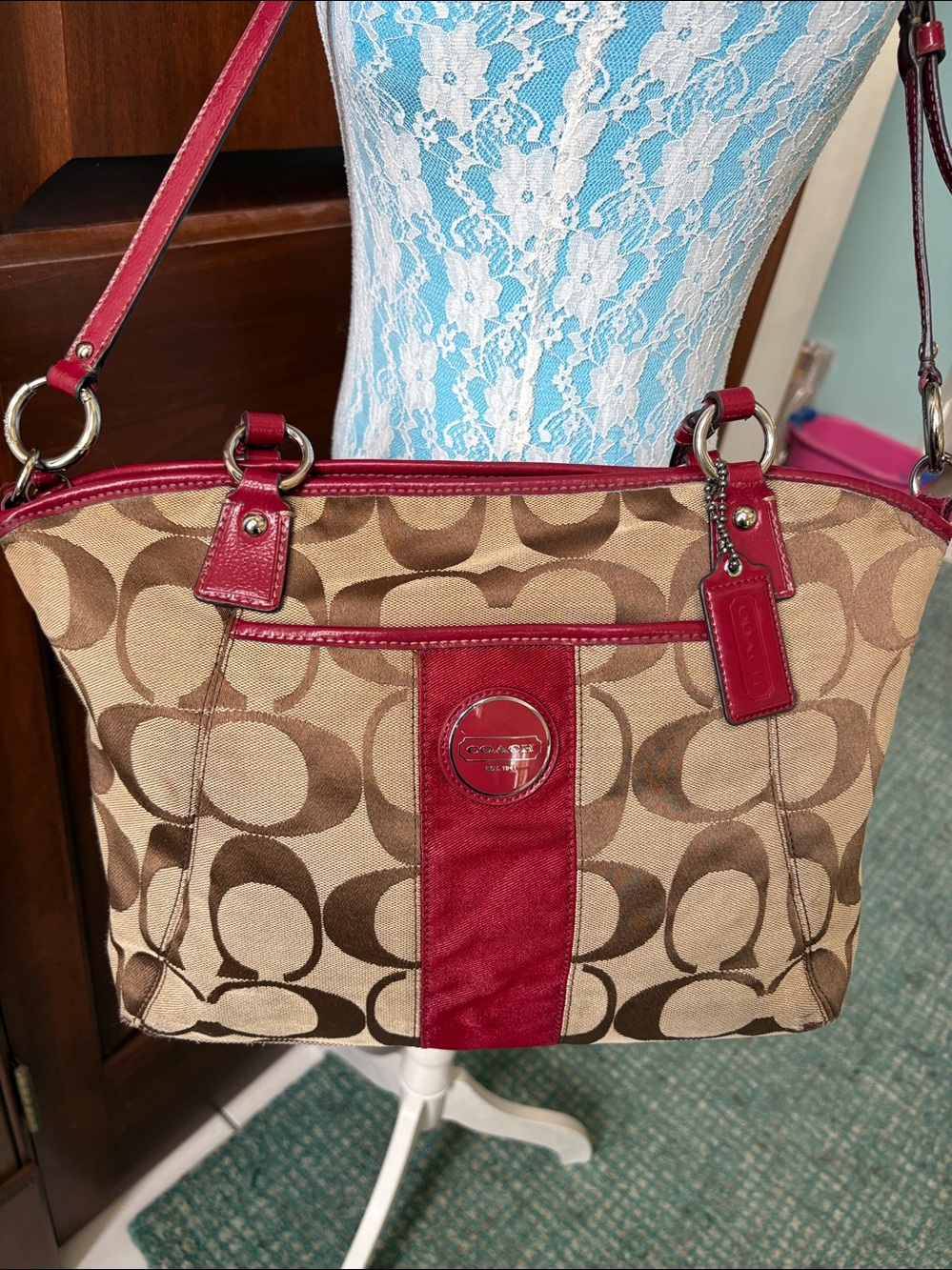 Coach  shoulder bag  Crossbody bag  signature monogram brown/tan / Scarlet trim